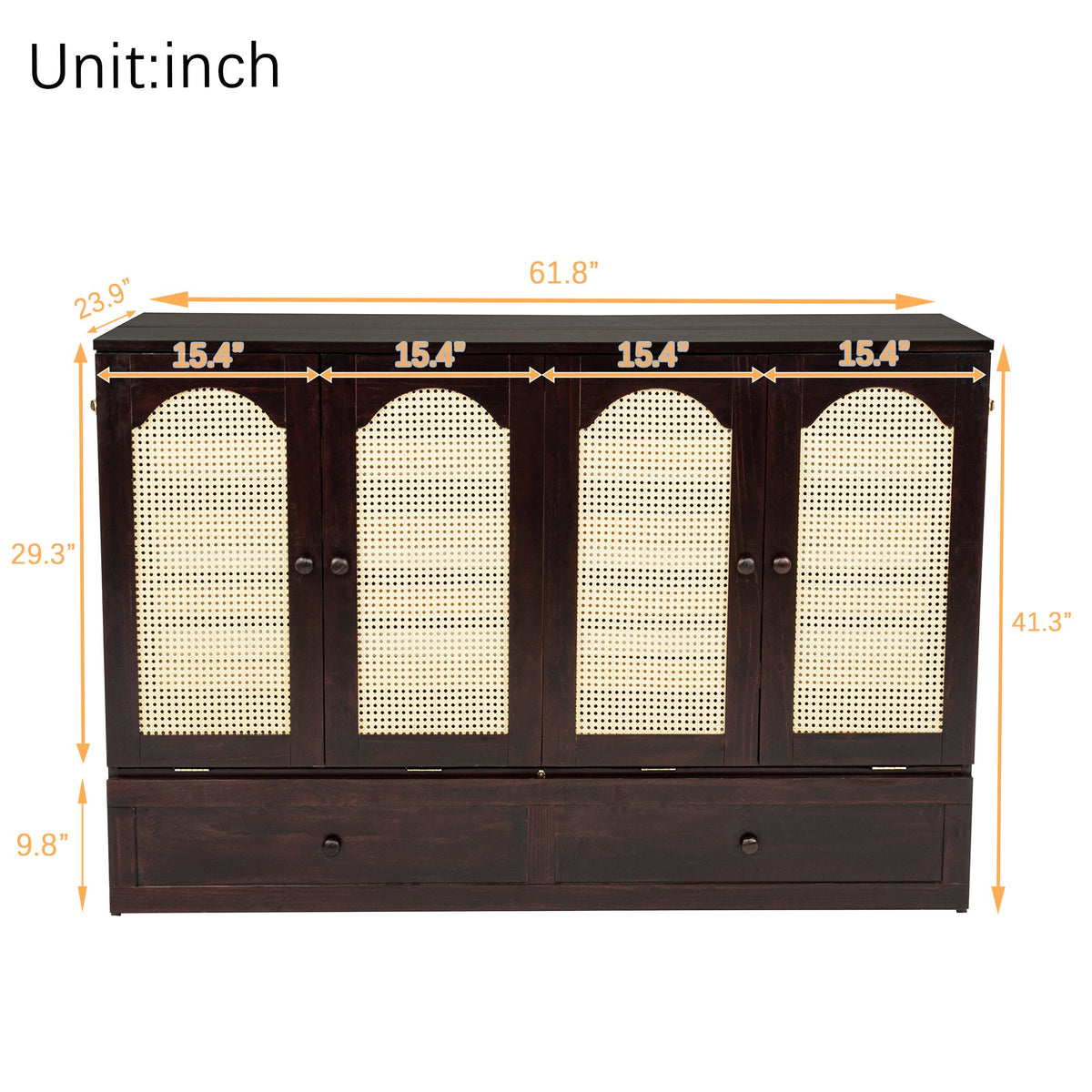 Queen Size Murphy Bed, Pine Wood with Power Station and Rattan Decoration Panel - Espresso