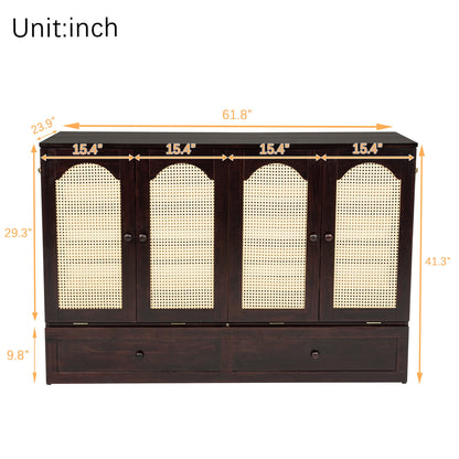 Queen Size Murphy Bed, Pine Wood with Power Station and Rattan Decoration Panel - Espresso