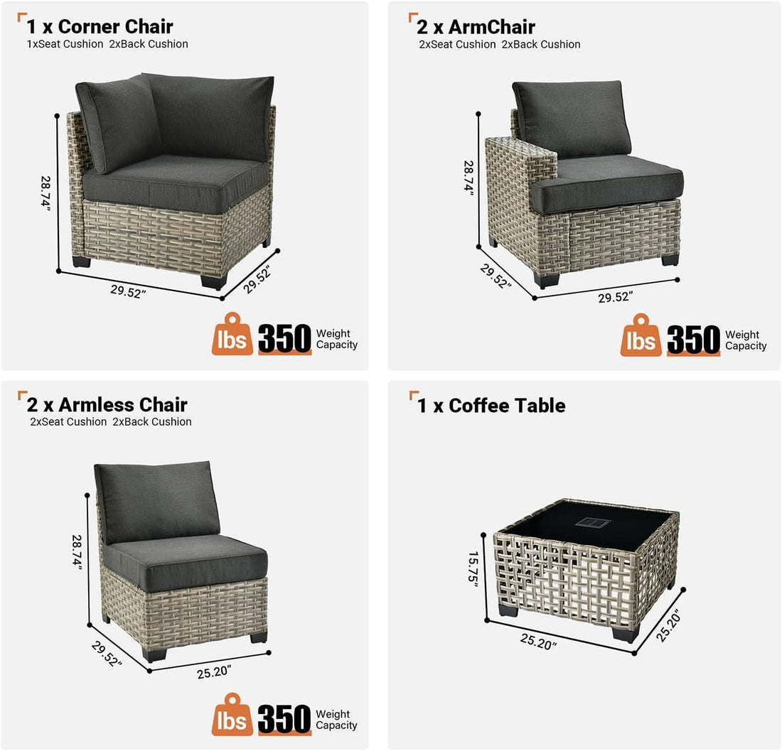 Six Piece Rattan Wicker Outdoor Sectional Sofa Set - Dark Gray