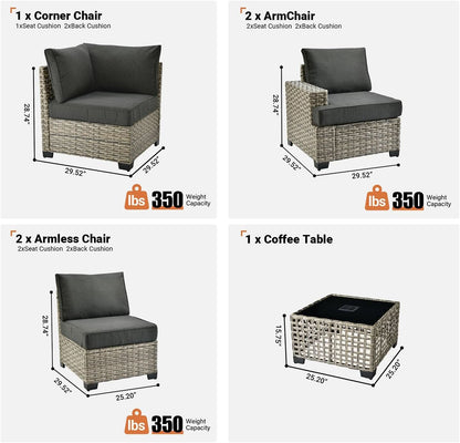 Six Piece Rattan Wicker Outdoor Sectional Sofa Set - Dark Gray