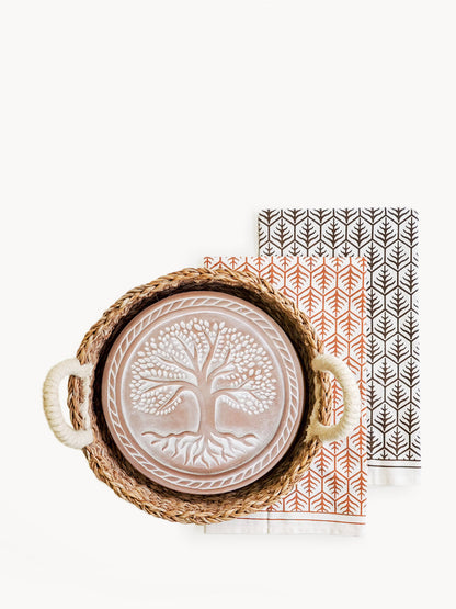 Bread Warmer &amp; Basket Gift Set with Tea Towel - Tree of Life Round