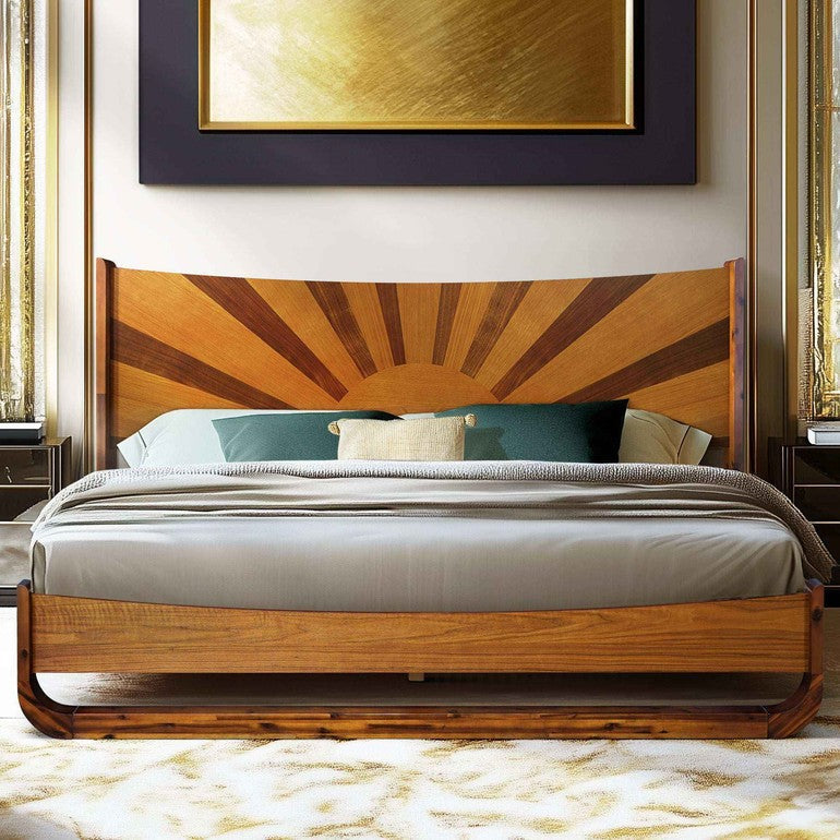 Sunset Acacia Platform Bed Frame With Headboard - Caramel, Walnut