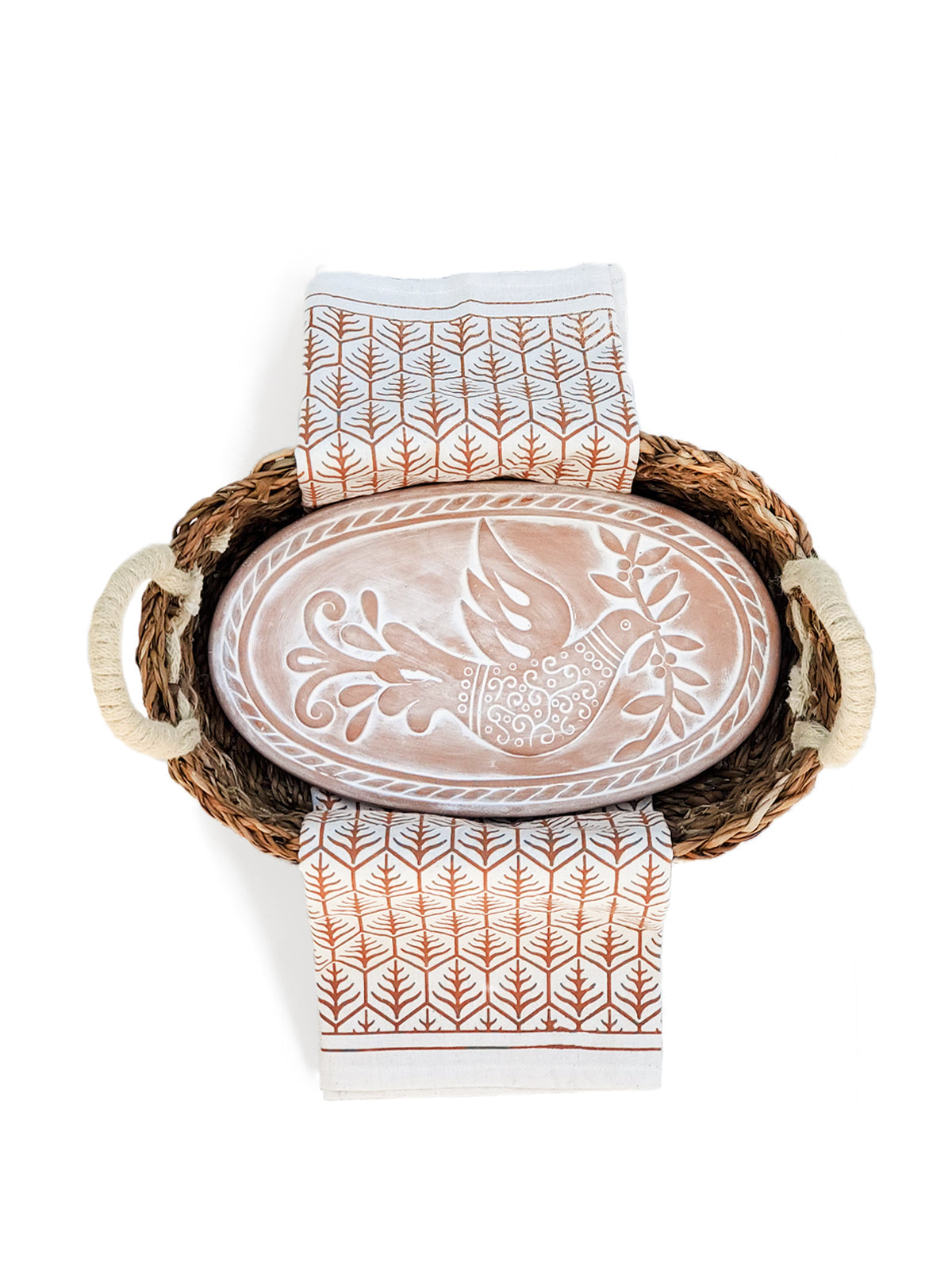 Bread Warmer &amp; Basket Gift Set with Tea Towel - Bird Oval