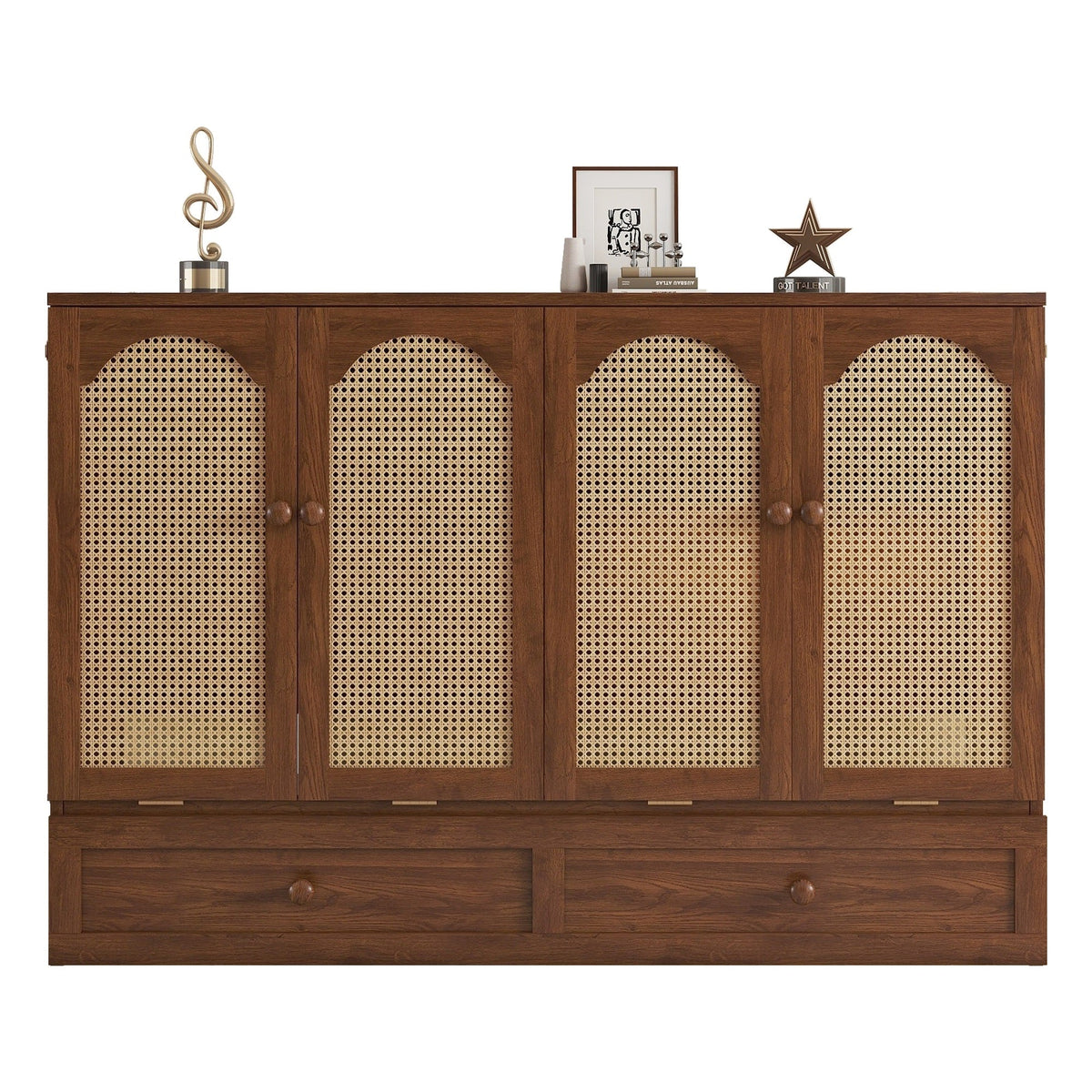 Queen Size Murphy Bed, Pine Wood with Power Station and Rattan Decoration Panel - Walnut