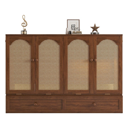 Queen Size Murphy Bed, Pine Wood with Power Station and Rattan Decoration Panel - Walnut