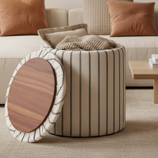 Striped Round Storage Ottoman With Removable Tray