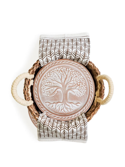 Bread Warmer &amp; Basket Gift Set with Tea Towel - Tree of Life Round