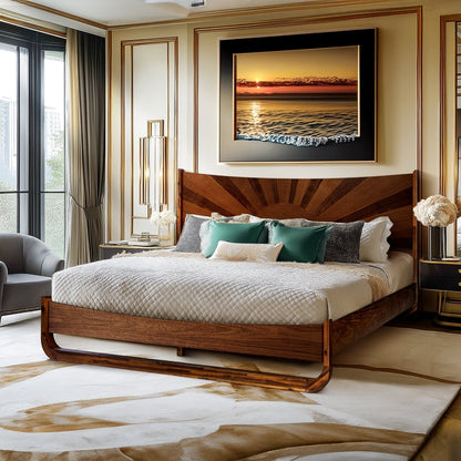 Sunset Acacia Platform Bed Frame With Headboard - Caramel, Walnut