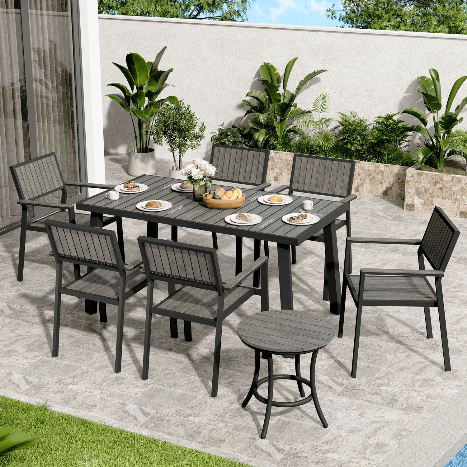 Aluminum and Wood  Outdoor Dining Set - 4 Colors, 6-Pc or 8-Pc Set