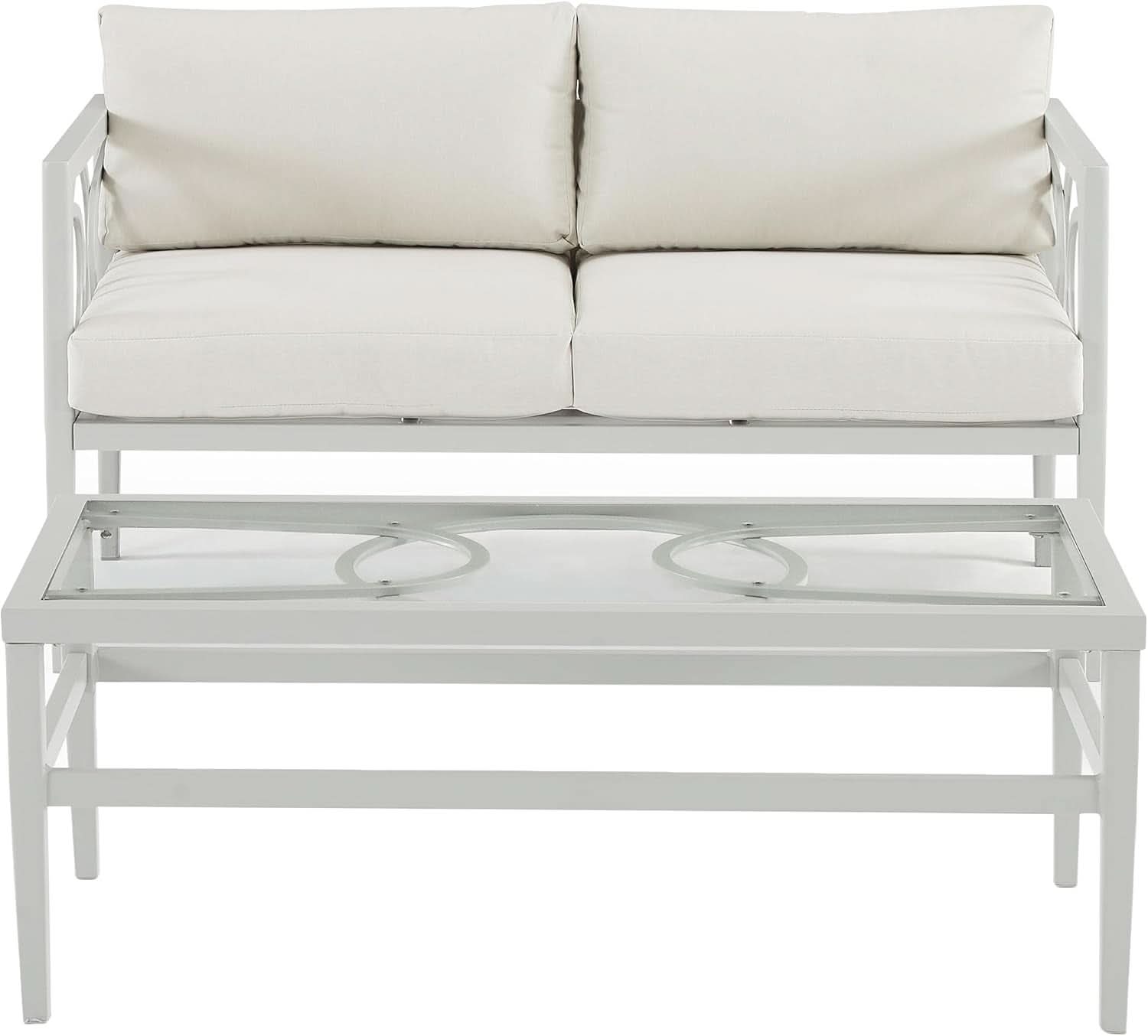 2 Piece Outdoor Gray Metal Loveseat and Coffee Table Set with Creme Cushions
