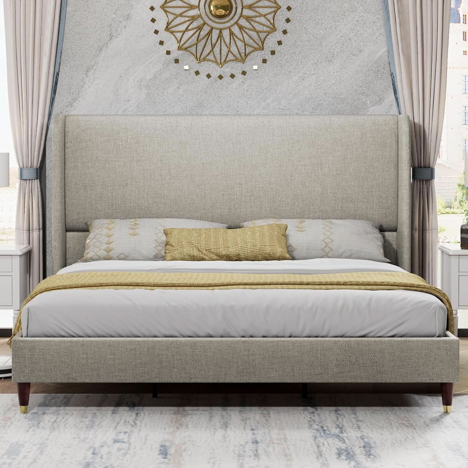 King Size Wingback Headboard Upholstered Bed Frame in Khaki
