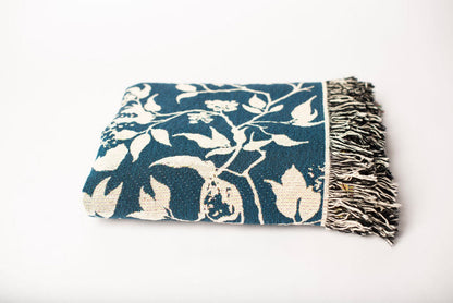 Teal Bird and Botanical Jacquard Woven Throw