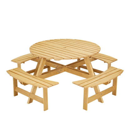 8-Person Round Picnic Table with 4 Built-in Benches - Natural Finish