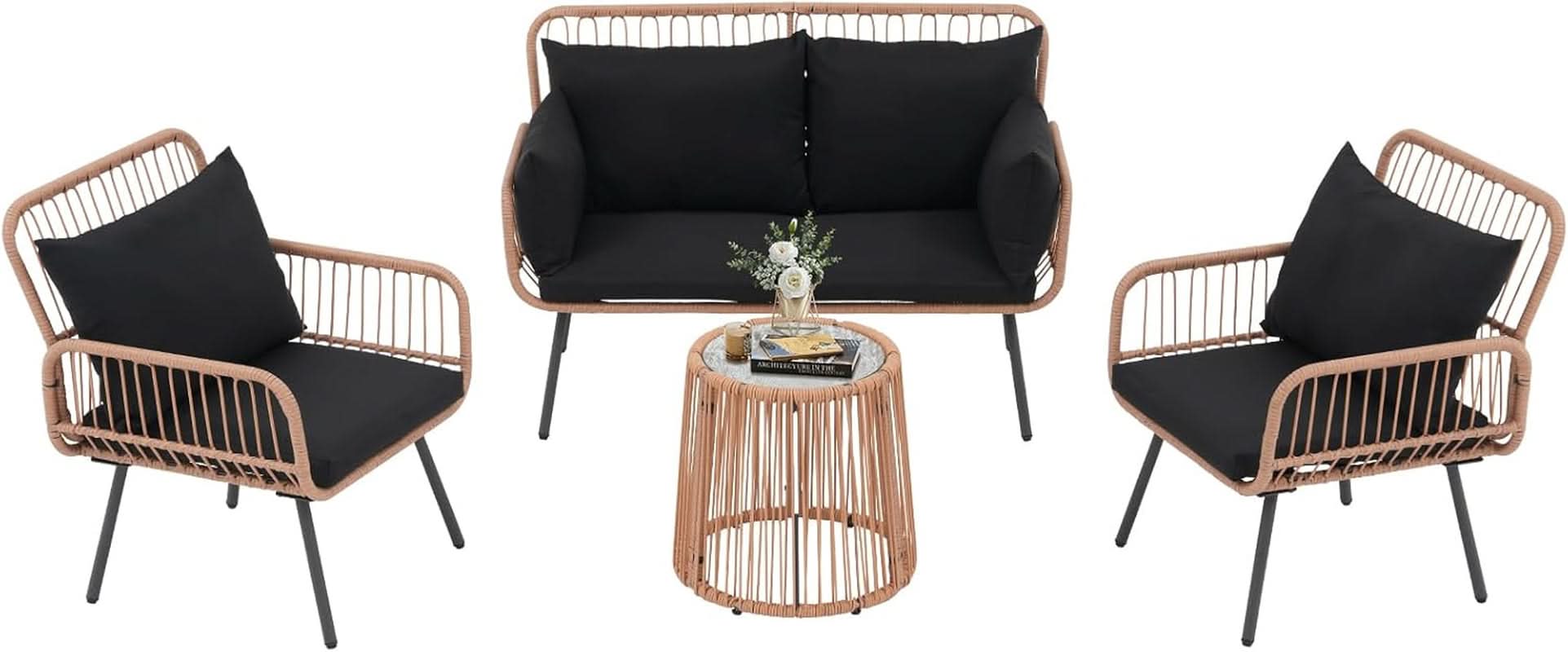 Stylish Four Piece Outdoor Wicker Patio Furniture Set in Black