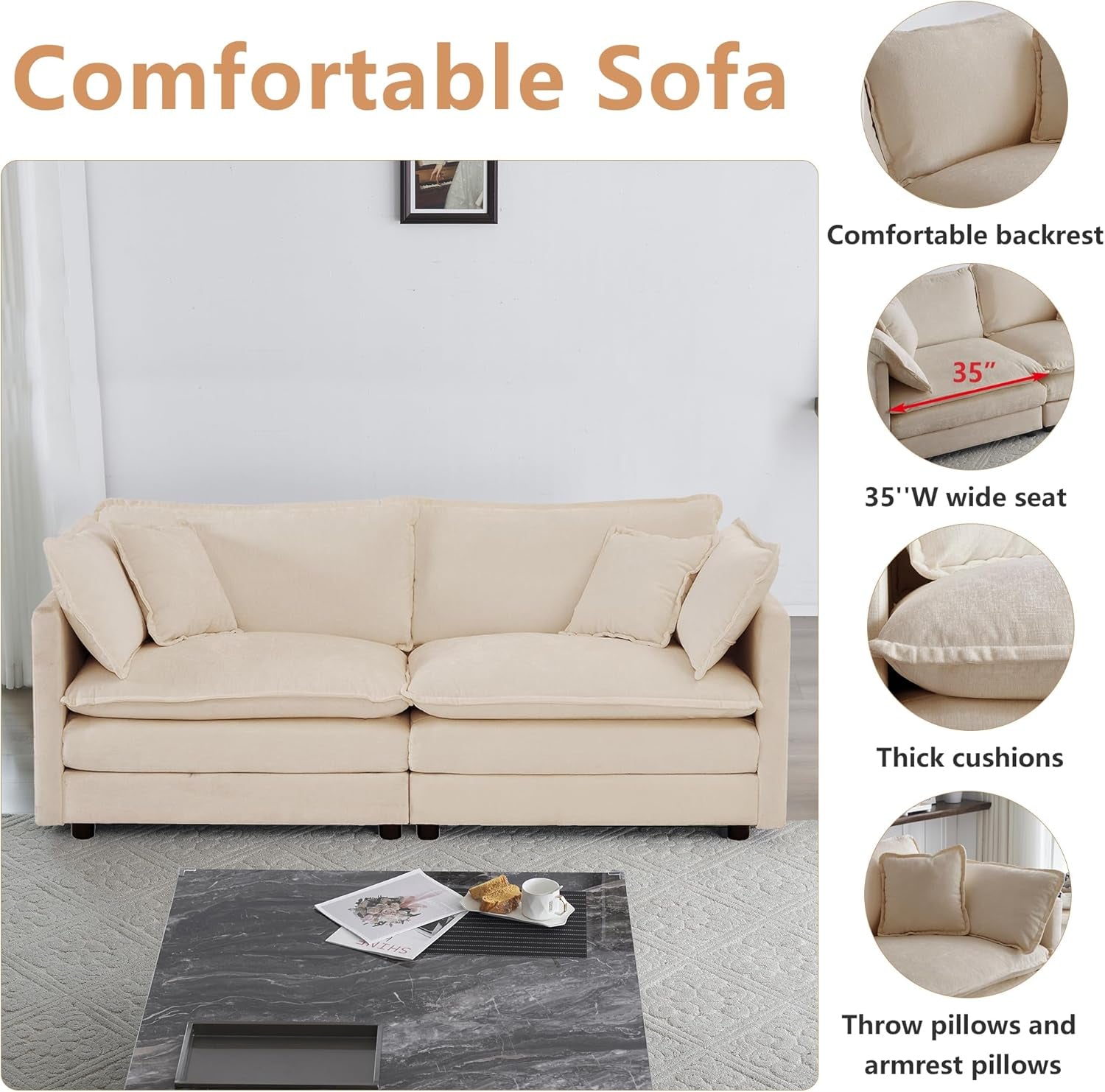 Chenille 76 Inch Loveseat Sofa - Beige