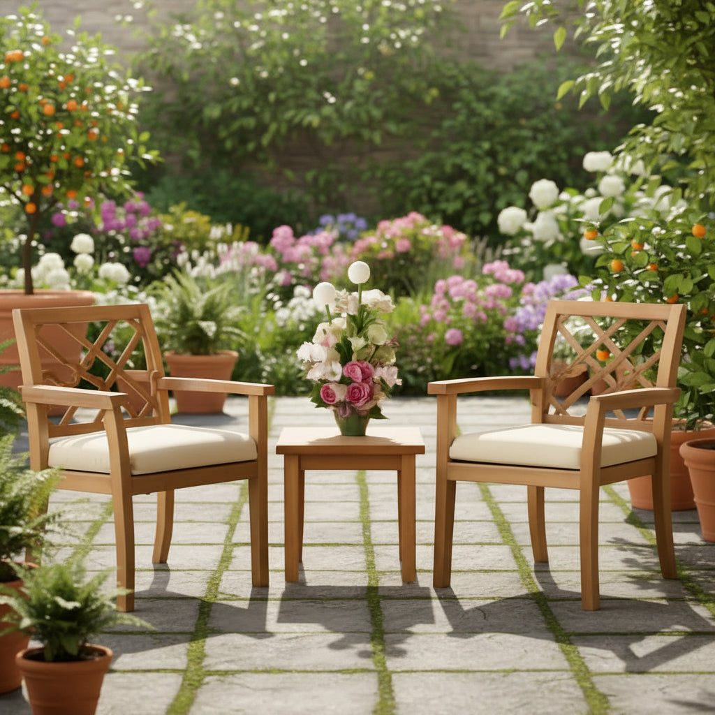 3 Piece Outdoor Acacia Wood Cushioned Chairs And Coffee Table Set