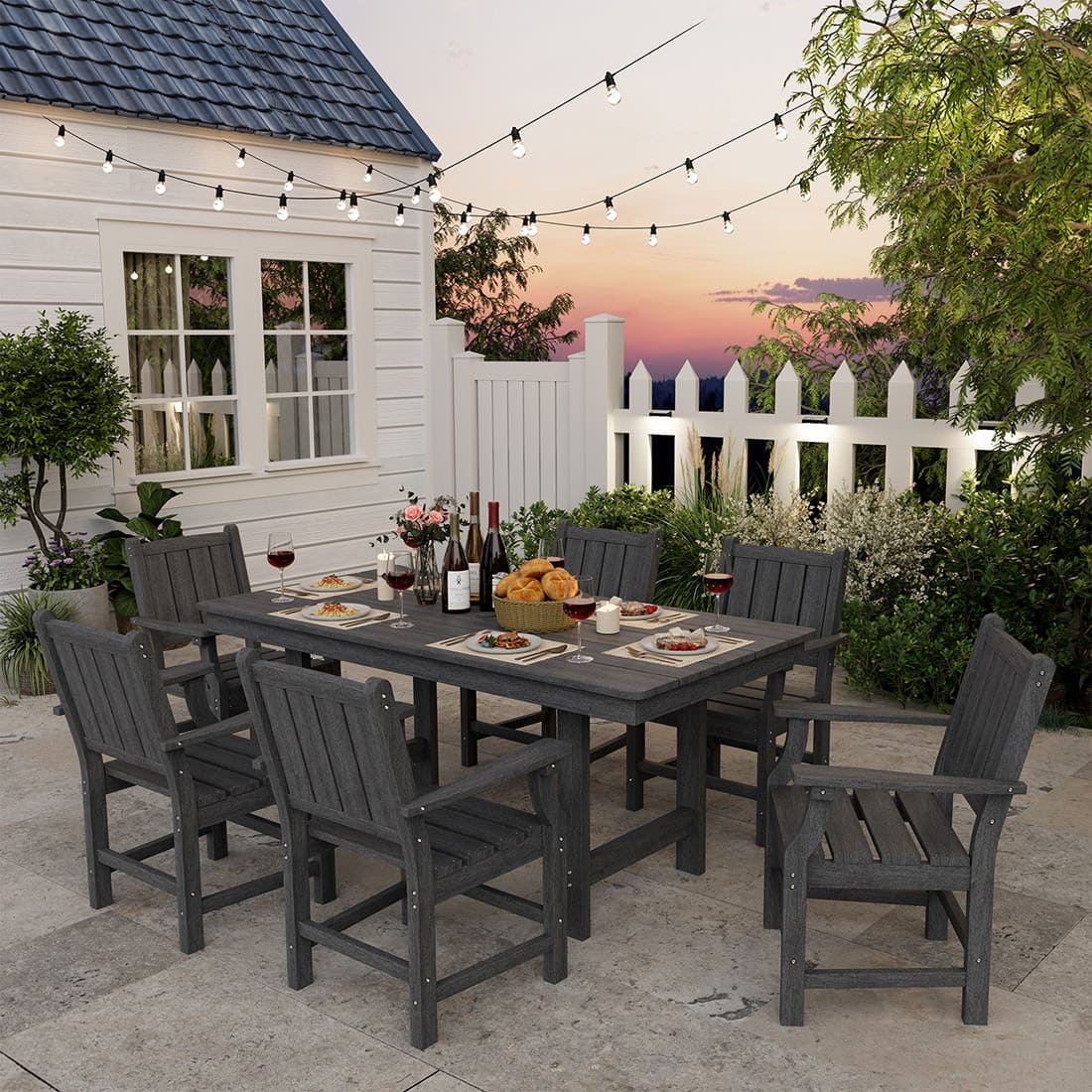 7-Piece HDPE Outdoor Dining Table and Chairs with Umbrella Hole - Multiple Sizes, 2 Colors
