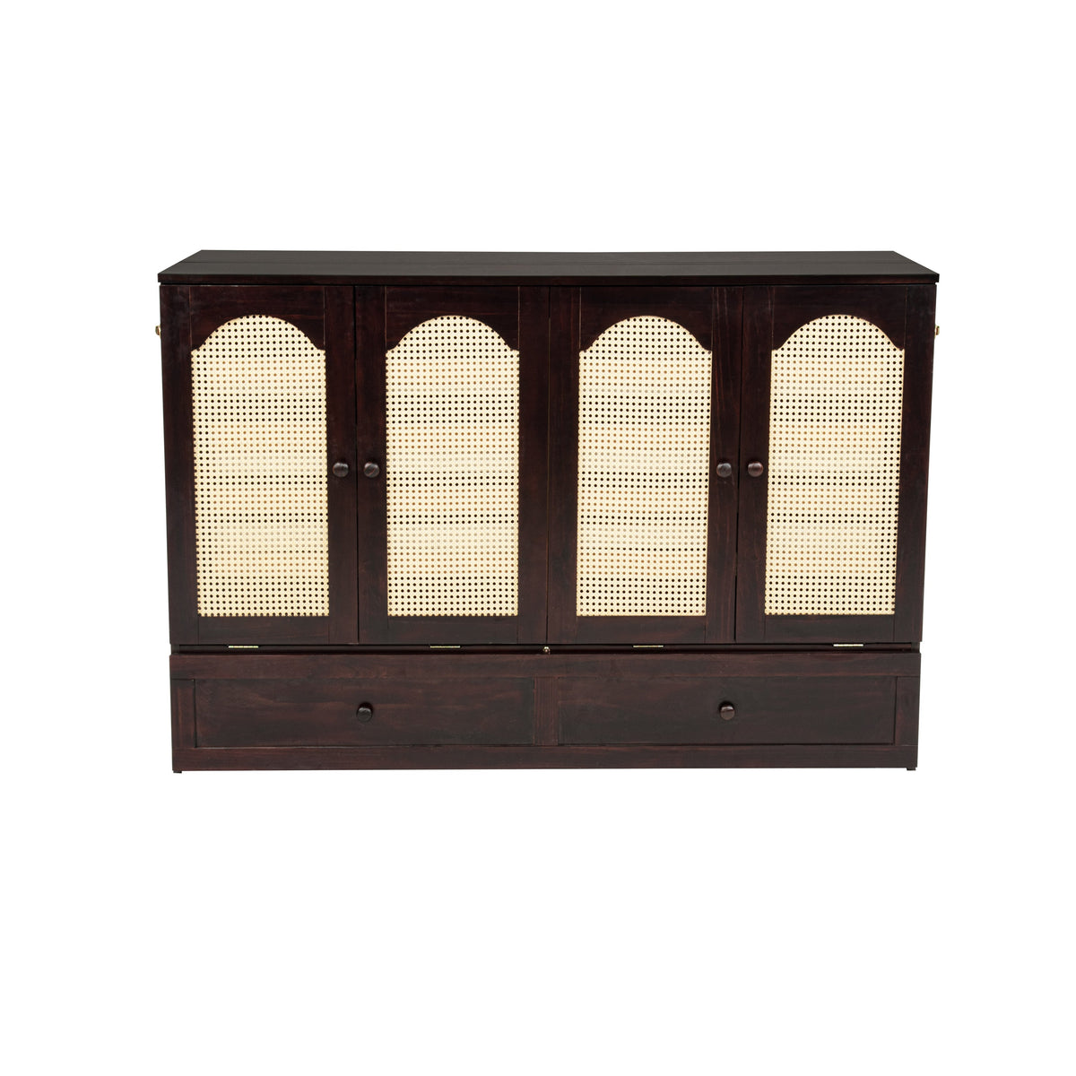 Queen Size Murphy Bed, Pine Wood with Power Station and Rattan Decoration Panel - Espresso