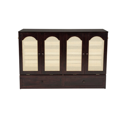 Queen Size Murphy Bed, Pine Wood with Power Station and Rattan Decoration Panel - Espresso