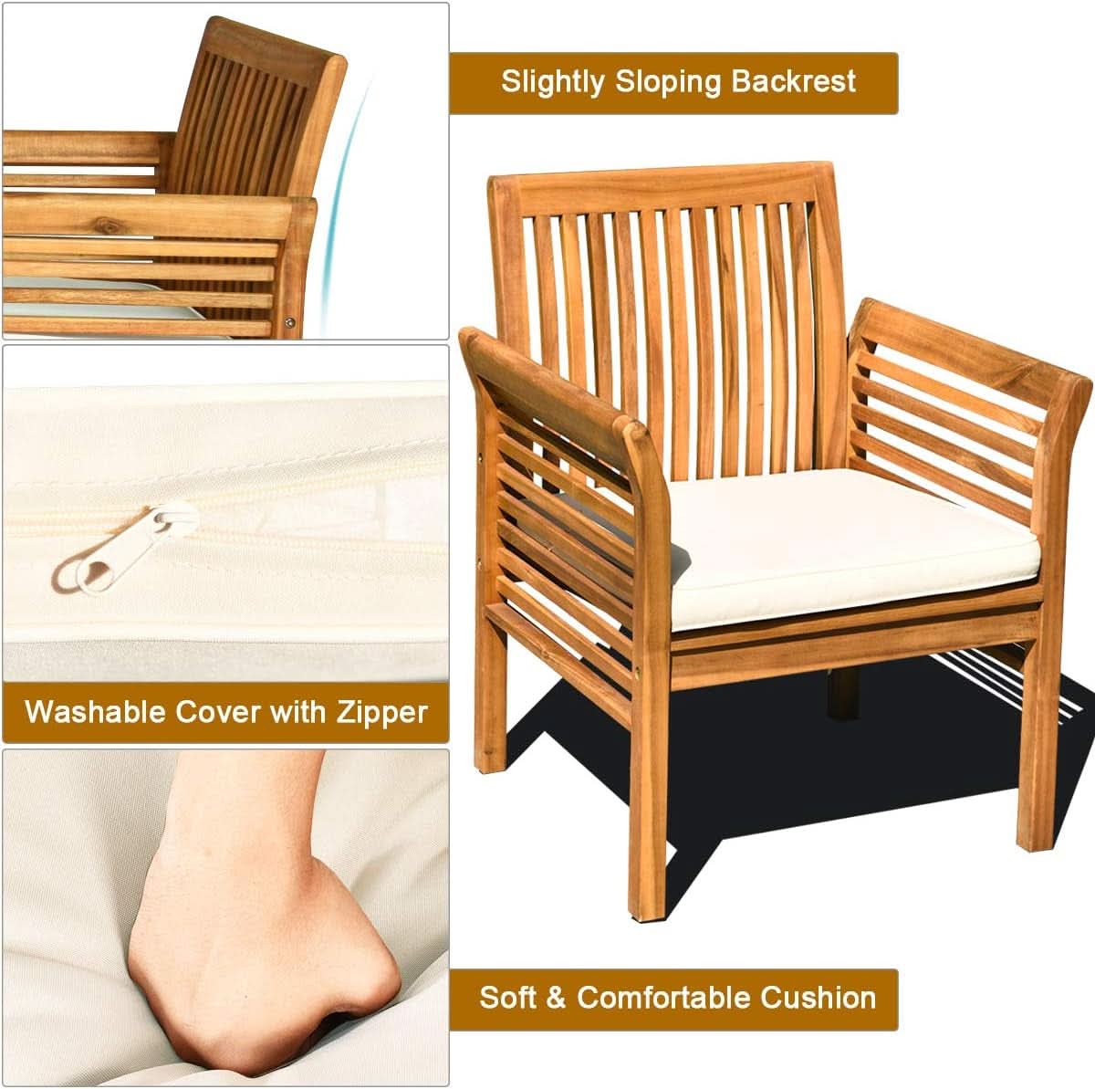 Outdoor Acacia Wood 4 Piece Chat Set With Off-White Cushions and Coffee Table