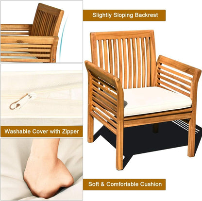 Outdoor Acacia Wood 4 Piece Chat Set With Off-White Cushions and Coffee Table