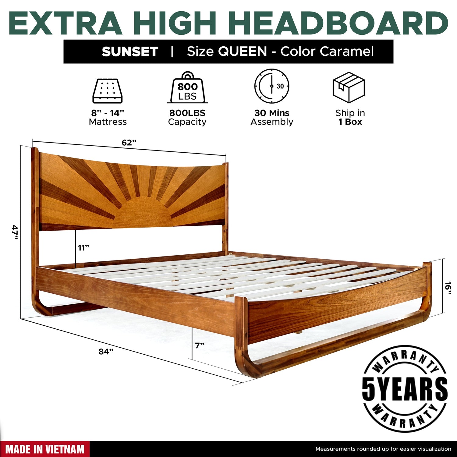 Sunset Acacia Platform Bed Frame With Headboard - Caramel, Walnut