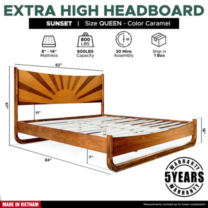 Sunset Acacia Platform Bed Frame With Headboard - Caramel, Walnut