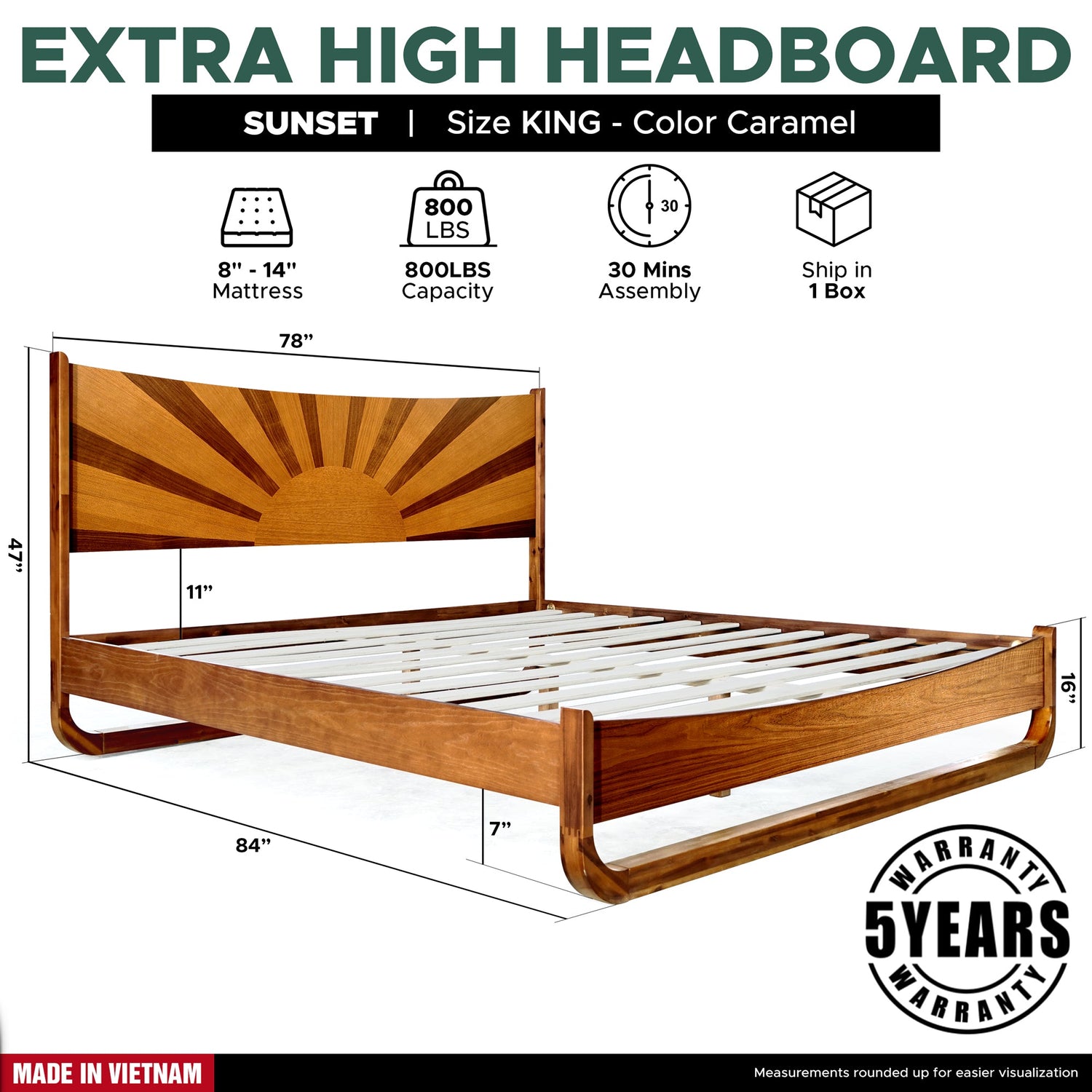 Sunset Acacia Platform Bed Frame With Headboard - Caramel, Walnut