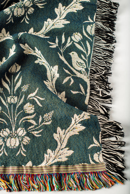 Teal Floral Botanical Jacquard Woven Throw