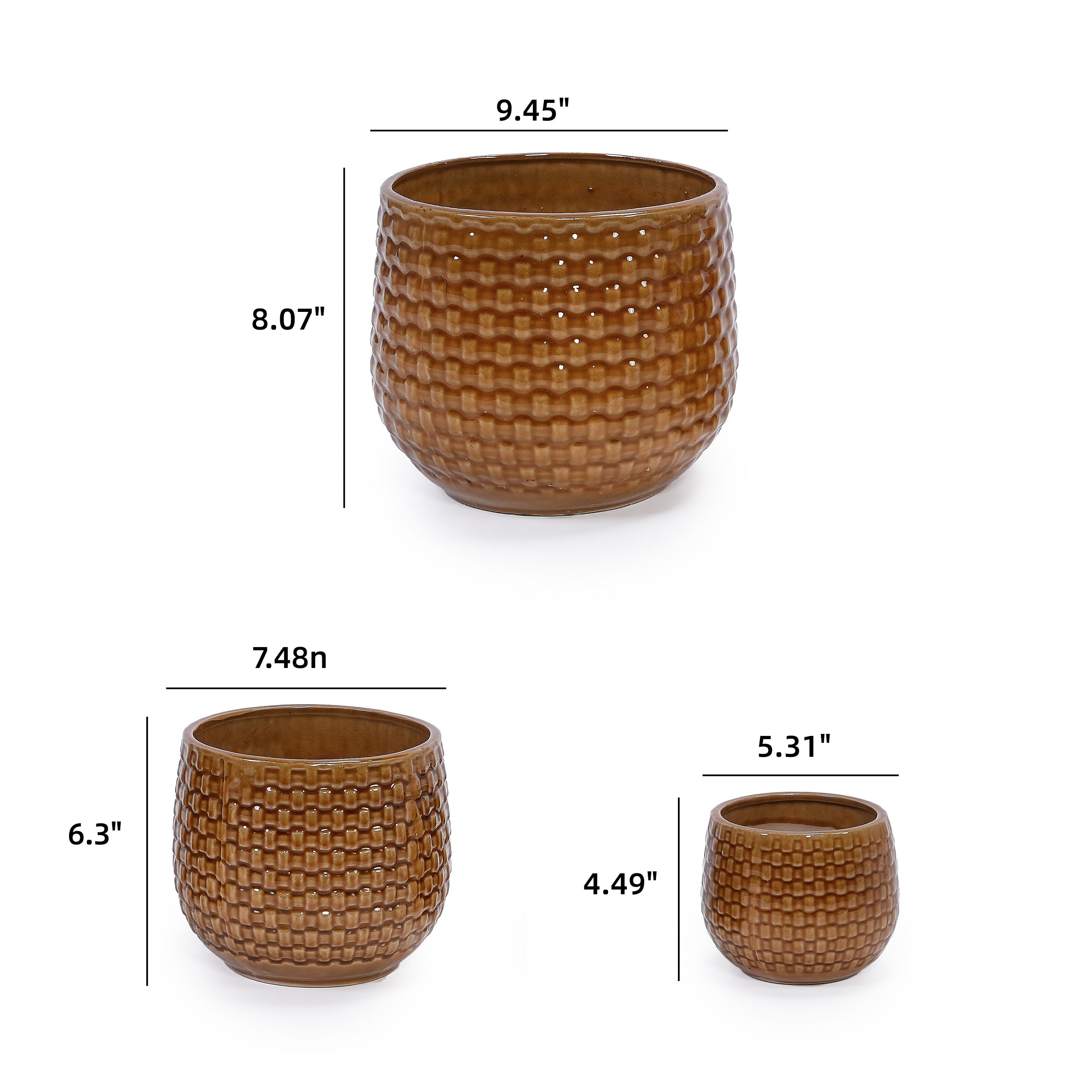 Set of 3 Weave Pattern Ceramic Pots - Brown
