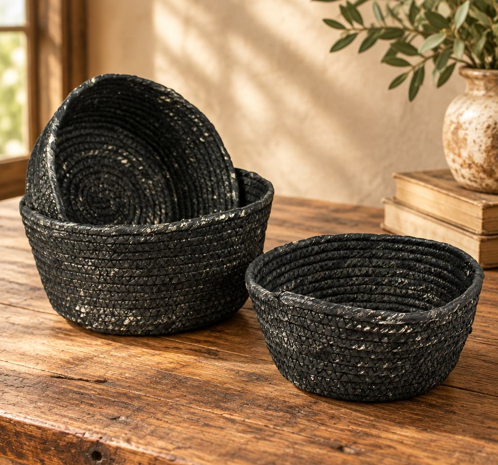 Black Woven Natural Fiber Bowls