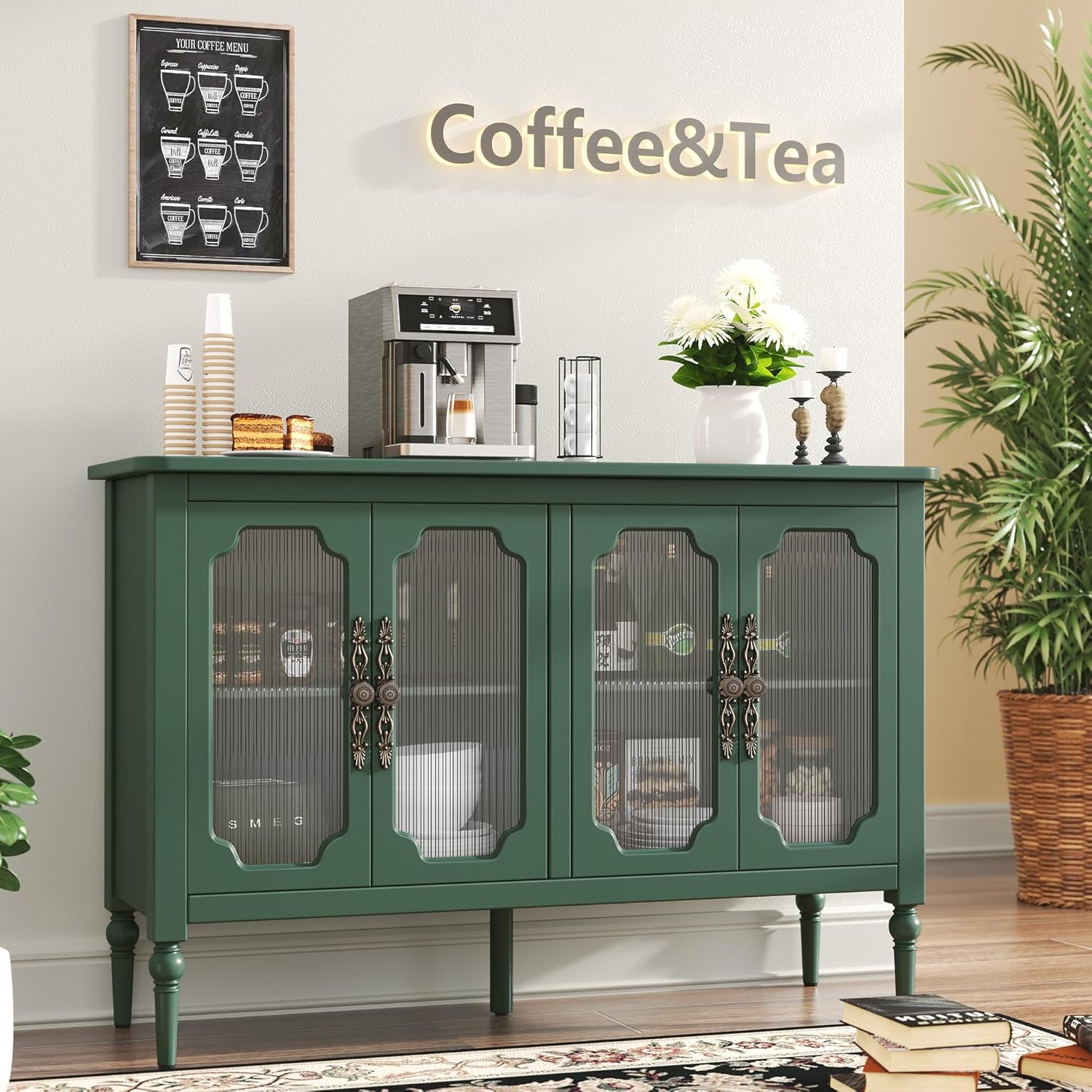 Vintage Sideboard With Glass Doors in Emerald Green