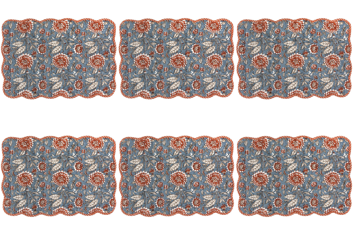 Set of 6 Dahlia Reversible Block Print Kantha Placemats