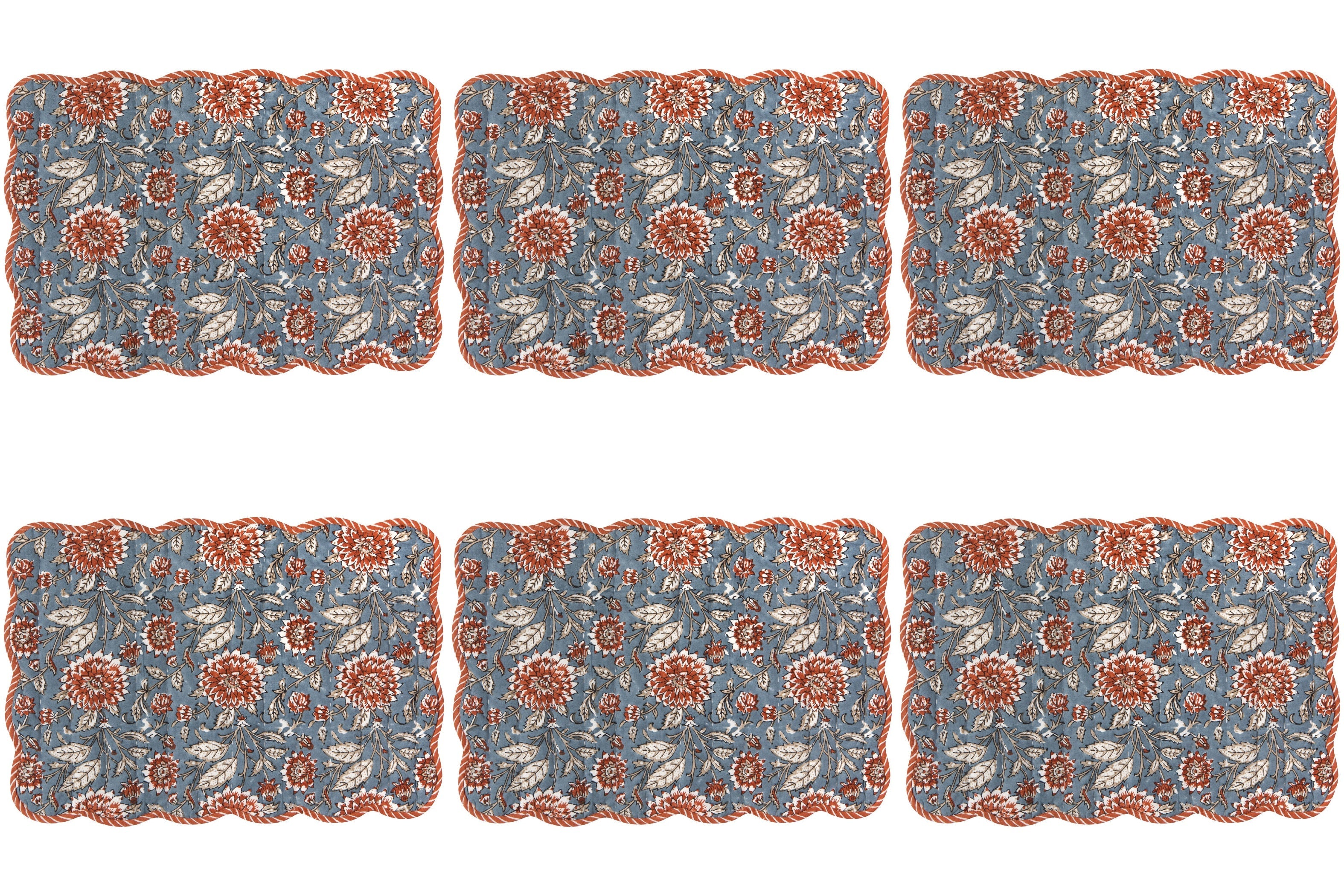 Set of 6 Dahlia Reversible Block Print Kantha Placemats
