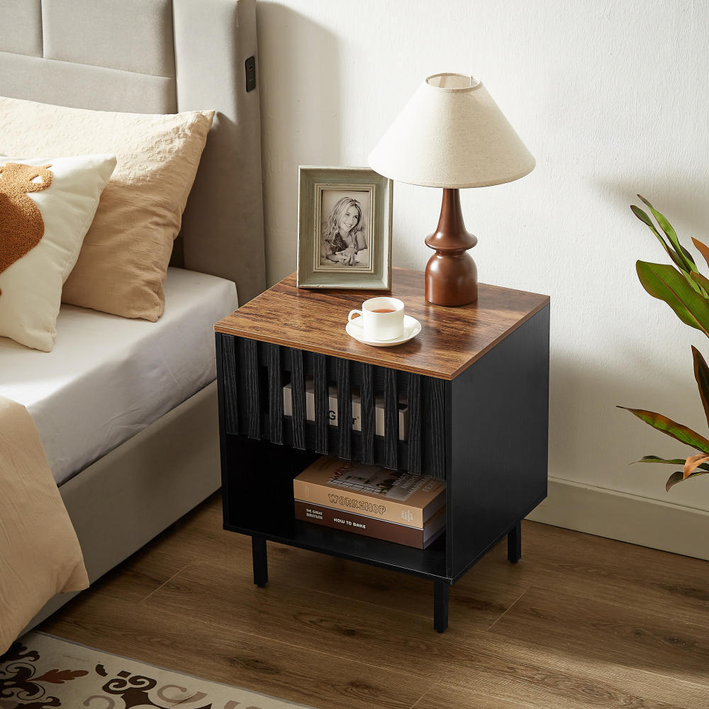 Set of 2 Mid Century Modern Nightstands - Black + Brown