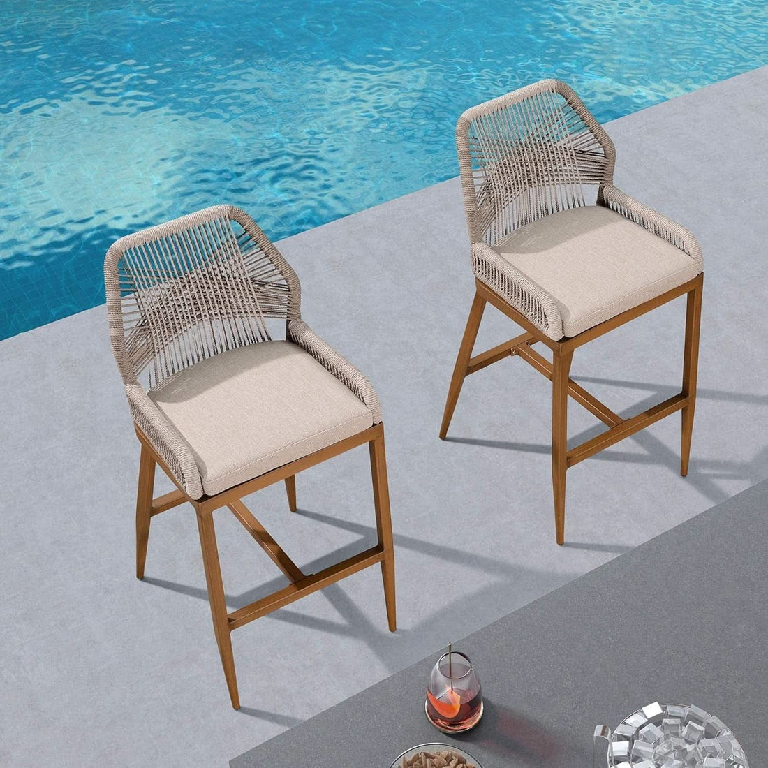 Set Of 4 Indoor/Outdoor Rattan Cushioned Bar Stools - Greige