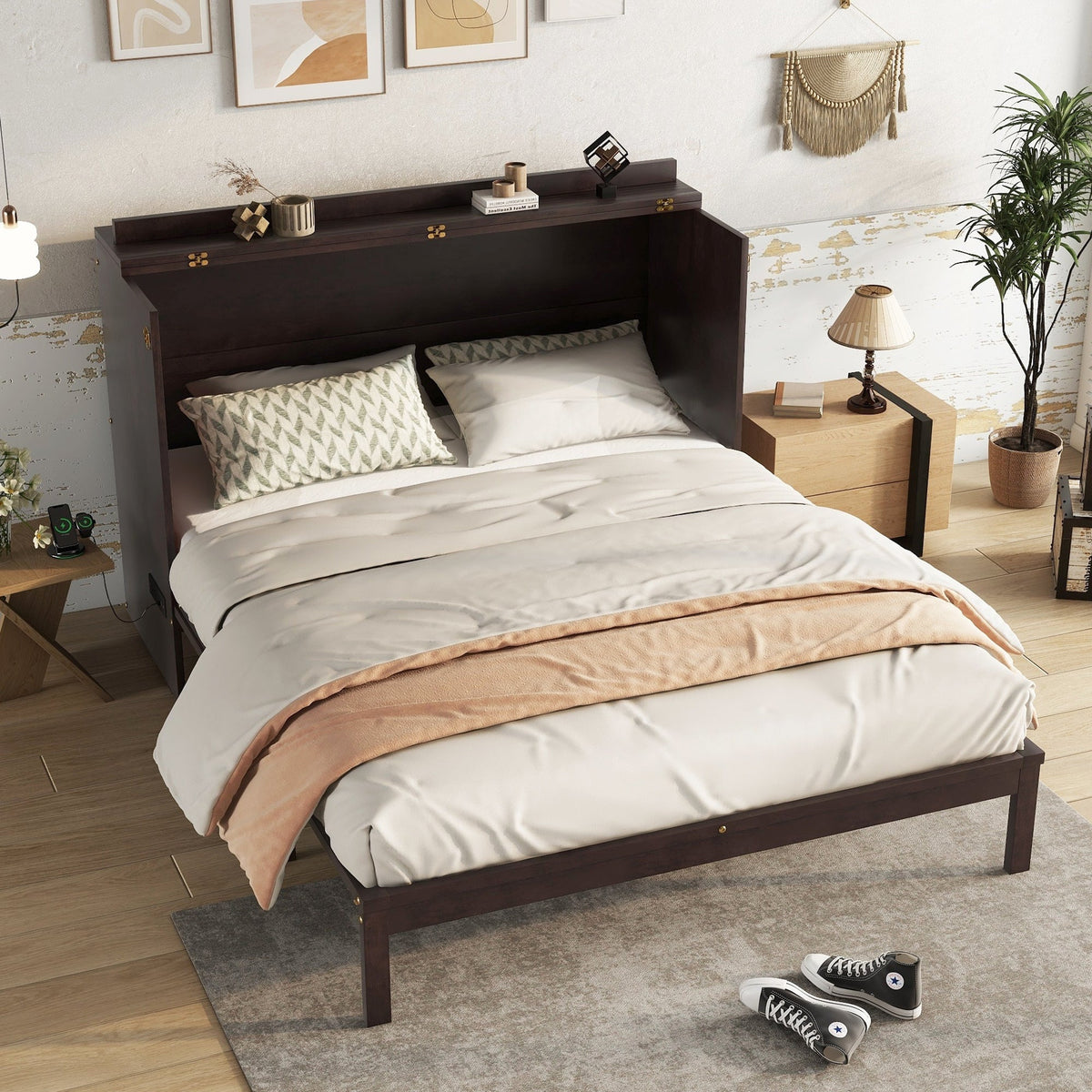 Queen Size Murphy Bed, Pine Wood with Power Station and Rattan Decoration Panel - Espresso