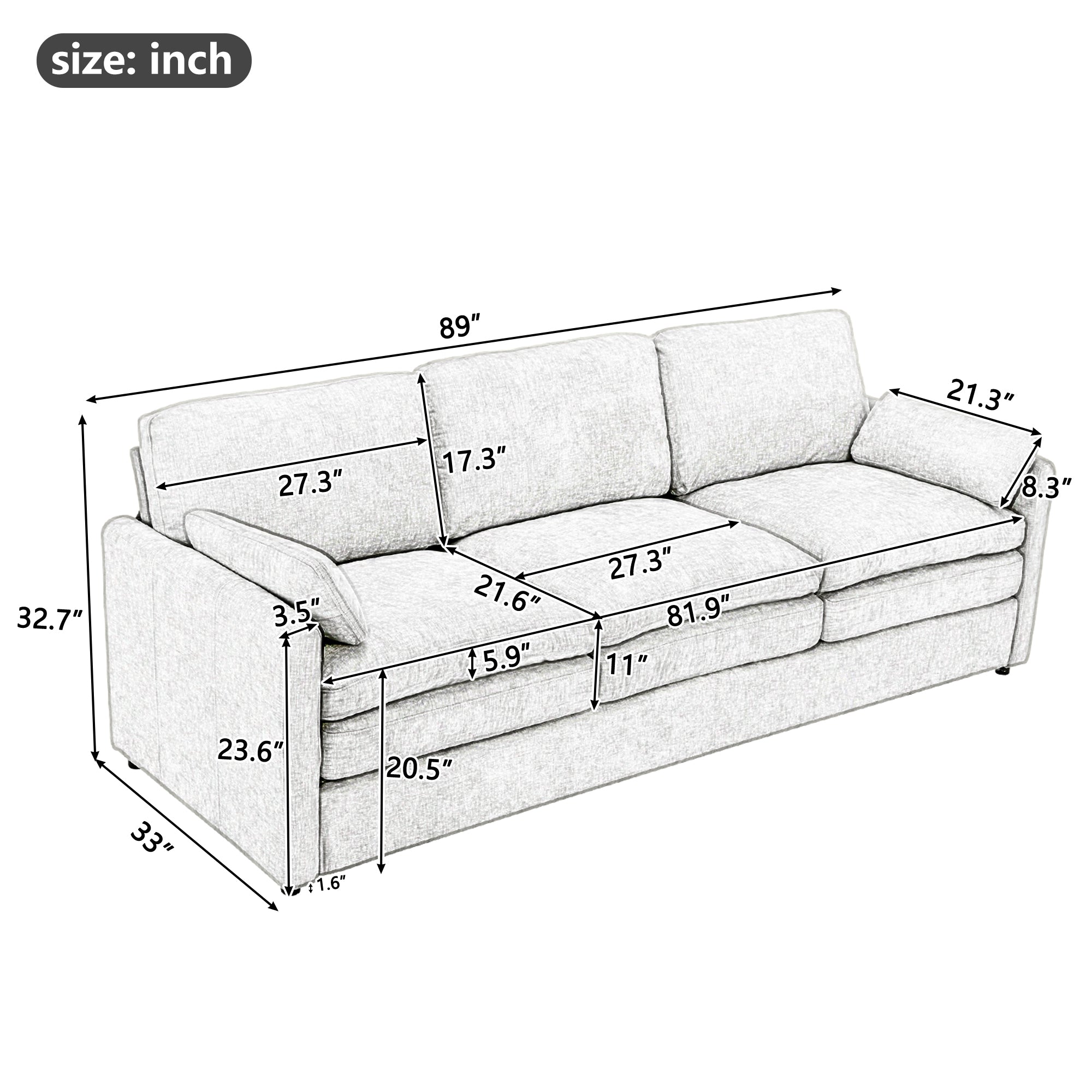 Cozy Upholstered Oversized 3-Seater Cloud Sofa in Dark Gray