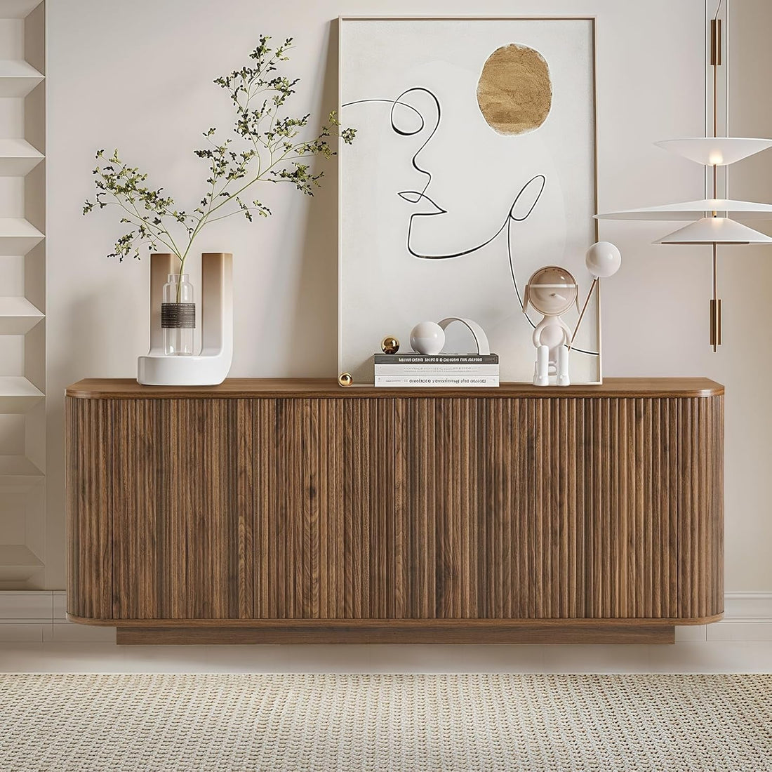 64 Inch Curved Walnut Contemporary Buffet Sideboard