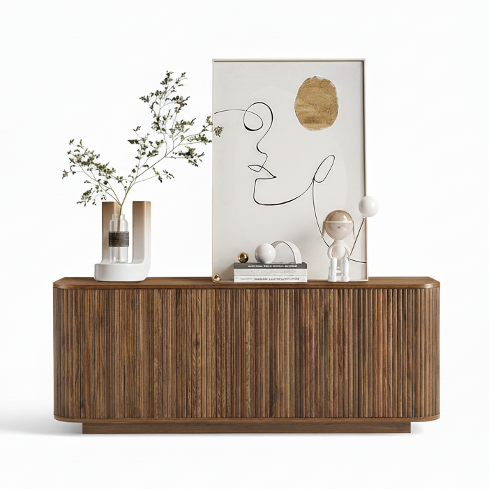 64 Inch Curved Walnut Contemporary Buffet Sideboard
