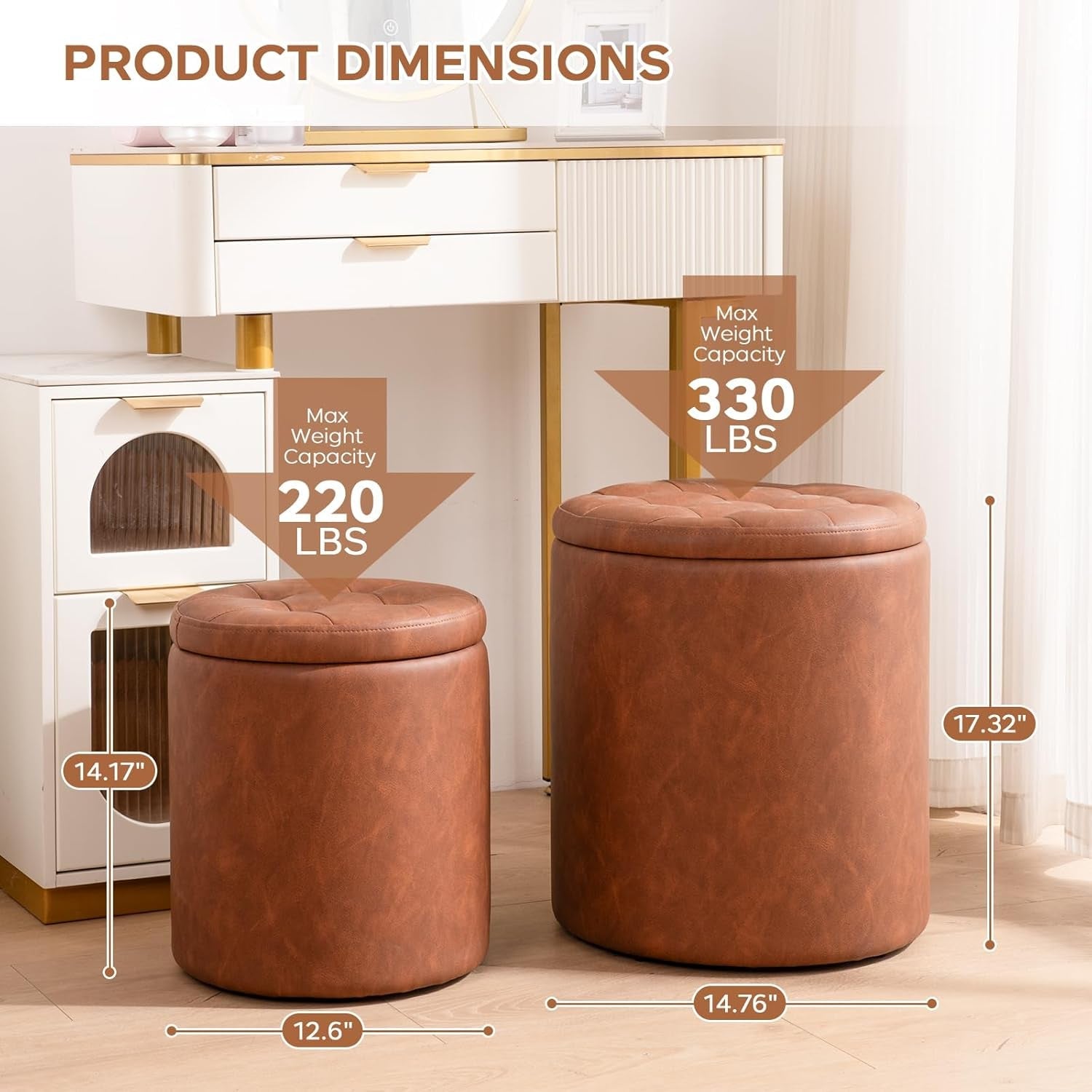 Brown Faux Leather Round Storage Nesting Ottomans - 2 pc Set