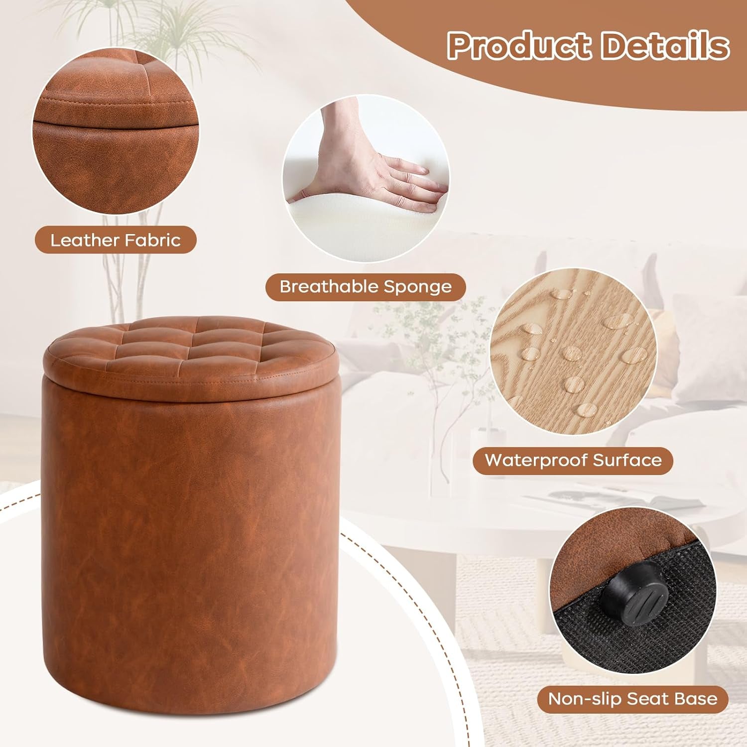 Brown Faux Leather Round Storage Nesting Ottomans - 2 pc Set