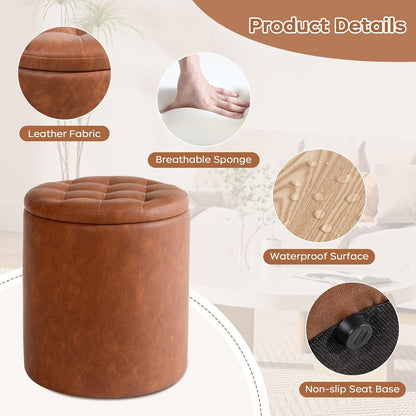 Brown Faux Leather Round Storage Nesting Ottomans - 2 pc Set