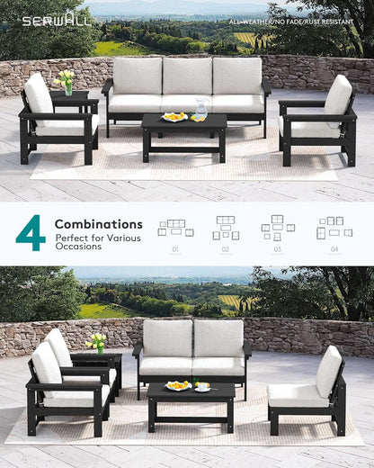 HDPE 7 Piece Outdoor Patio Furniture Set - Black/White