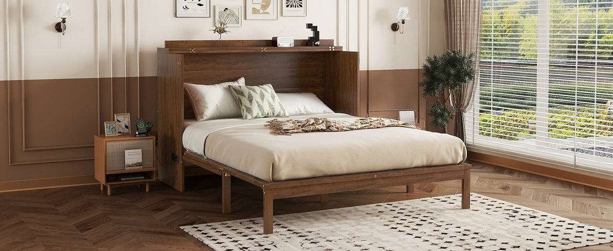 Queen Size Murphy Bed, Pine Wood with Power Station and Rattan Decoration Panel - Walnut