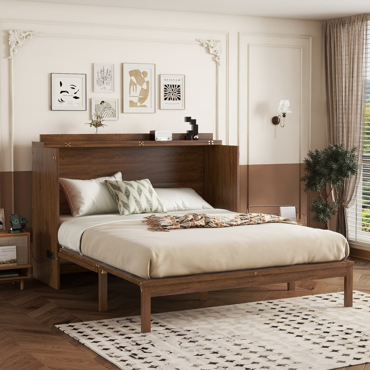 Queen Size Murphy Bed, Pine Wood with Power Station and Rattan Decoration Panel - Walnut