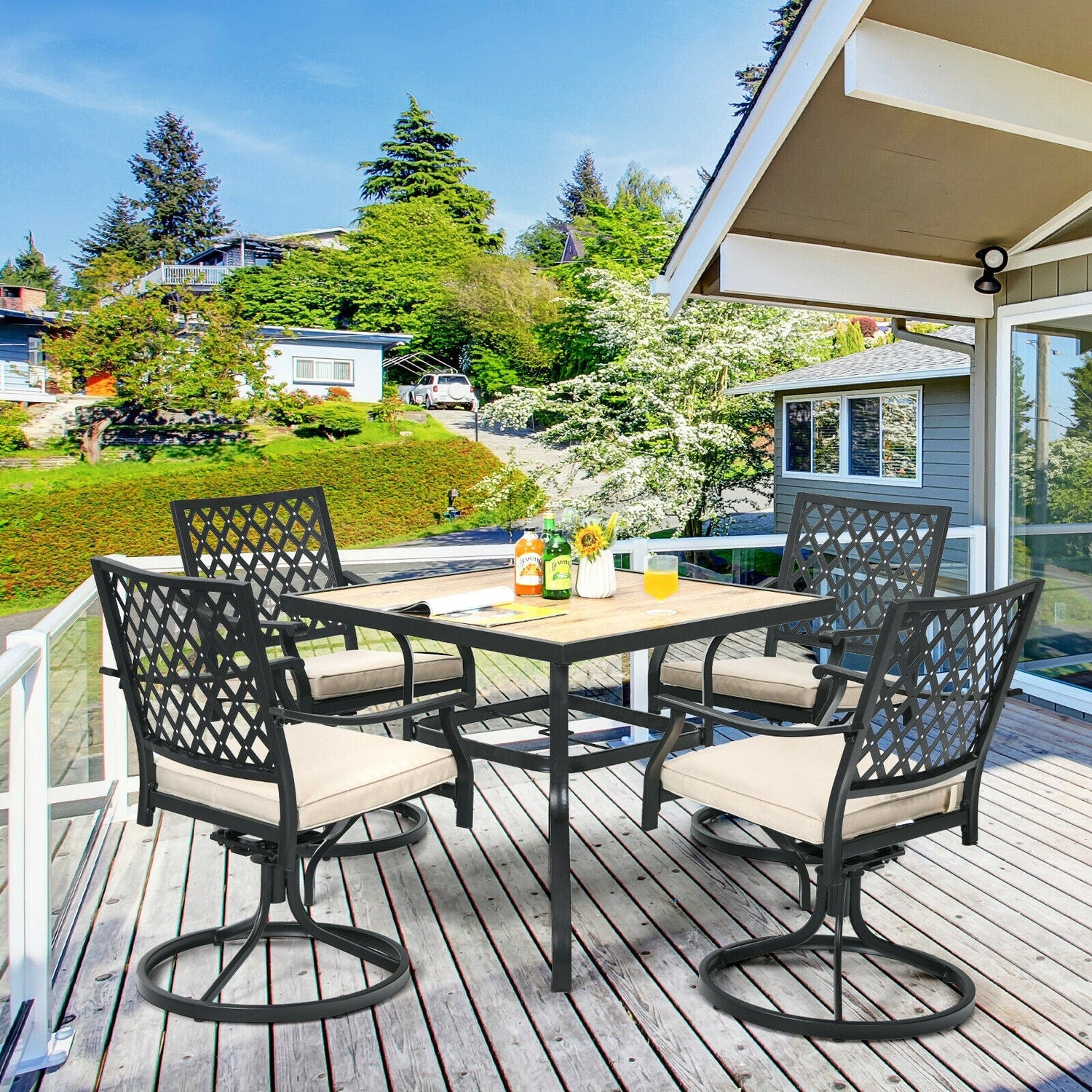 5-Piece Outdoor Patio Dining Set with Tan Cushions