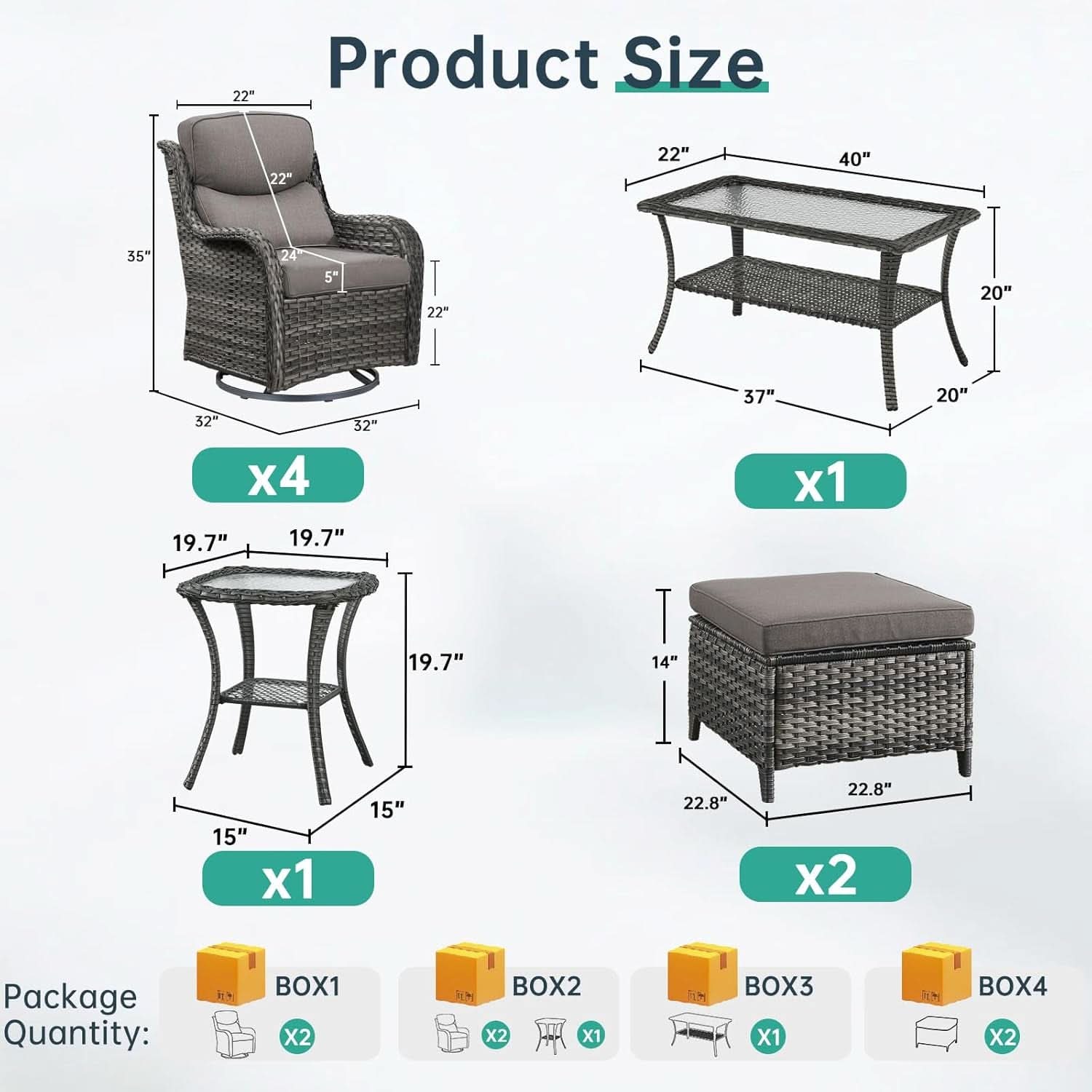8-Piece Outdoor Wicker Lounge Set with Swivel Chairs, Ottomans, Tables - Gray