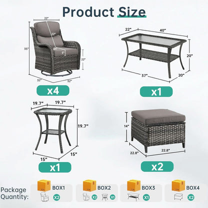 8-Piece Outdoor Wicker Lounge Set with Swivel Chairs, Ottomans, Tables - Gray