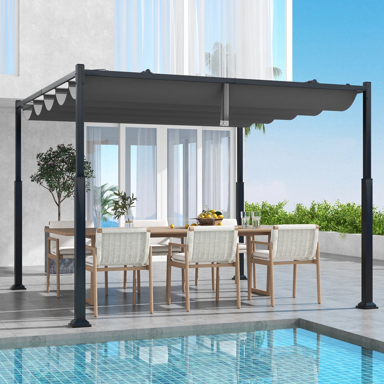10 x 10 Ft Outdoor Pergola with Retractable Canopy and Metal Columns - Dark Gray